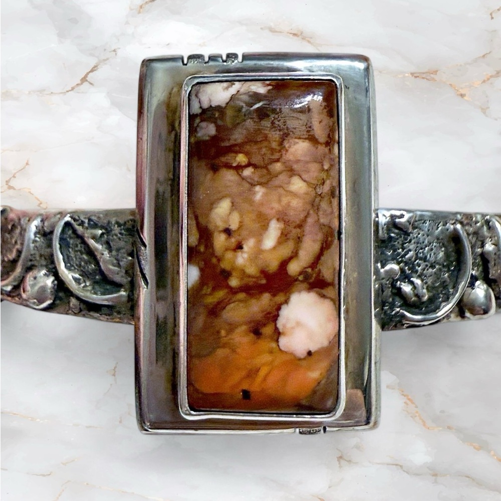 Vintage Navajo Sterling Silver Jasper Cuff Bracelet Signed B Hallmark .925 - Picture 8 of 9